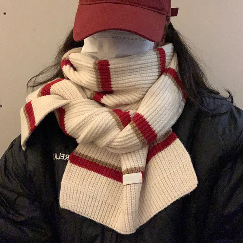 Vintage Striped Women Scarf Winter Warm Knitted Wool Scarves Korean Thicken Female Neck Warmer Classic Neckerchief