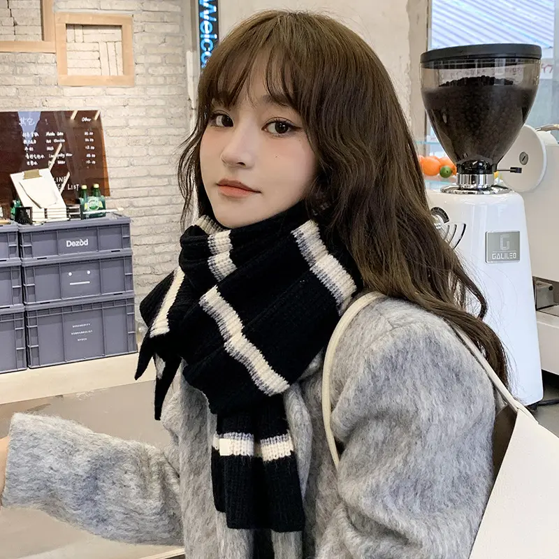 Vintage Striped Women Scarf Winter Warm Knitted Wool Scarves Korean Thicken Female Neck Warmer Classic Neckerchief