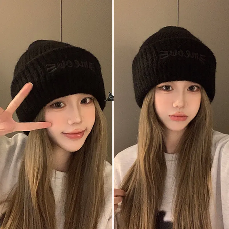 Solid Color Knit Beanie Cap Women Cute Cartoon Cat Female Woolen Hat Autumn Winter Warm Thicken Girls Slouchy Hats