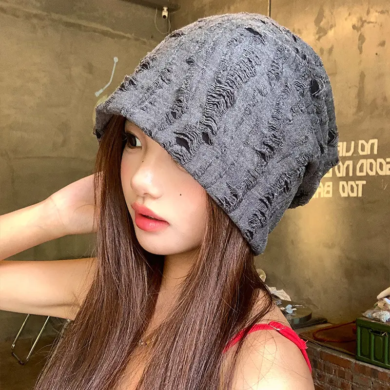Retro Ripped Holes Beanies for Women Y2K Girls Baggy Slouchy Hat Outdoor Windproof Warm Pullover Caps