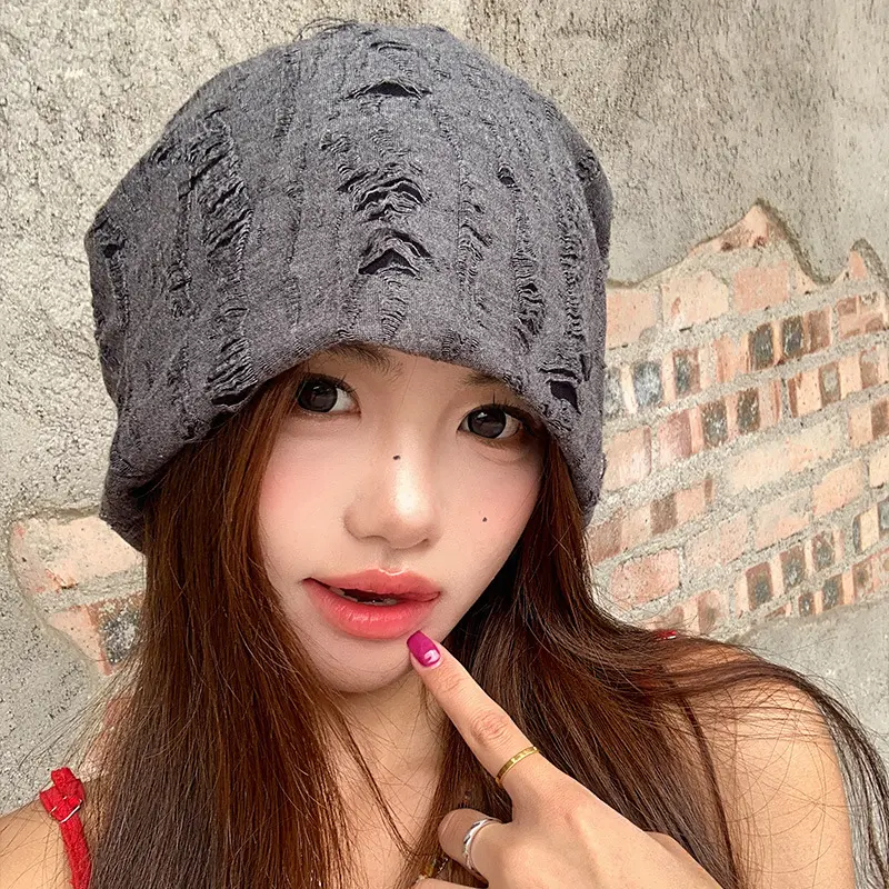 Retro Ripped Holes Beanies for Women Y2K Girls Baggy Slouchy Hat Outdoor Windproof Warm Pullover Caps