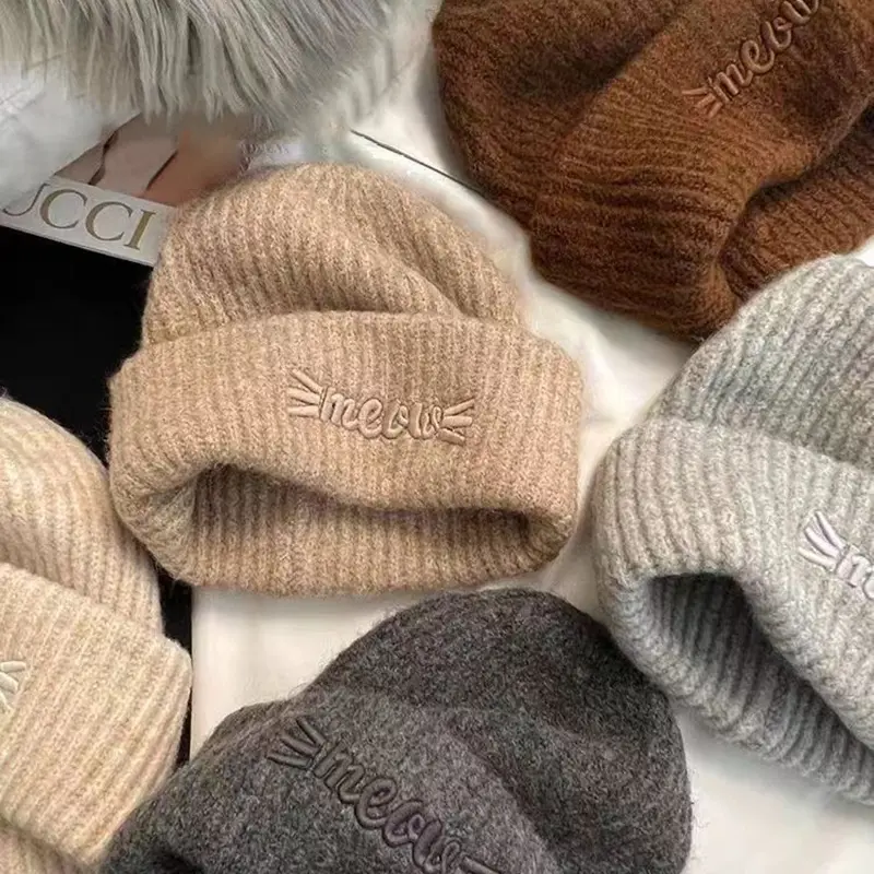 Solid Color Knit Beanie Cap Women Cute Cartoon Cat Female Woolen Hat Autumn Winter Warm Thicken Girls Slouchy Hats