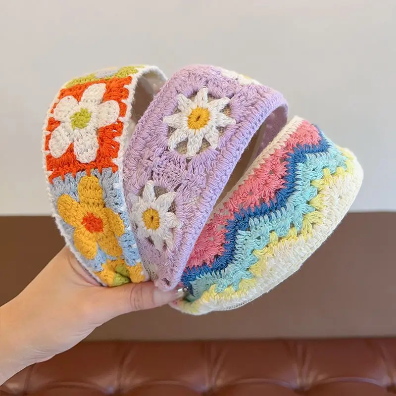 Boho Floral Hair Hoop for Girls Flower Embroidered Woolen Knitted Hair Bands Sweet Wide Hairband Kids Hair Accessories