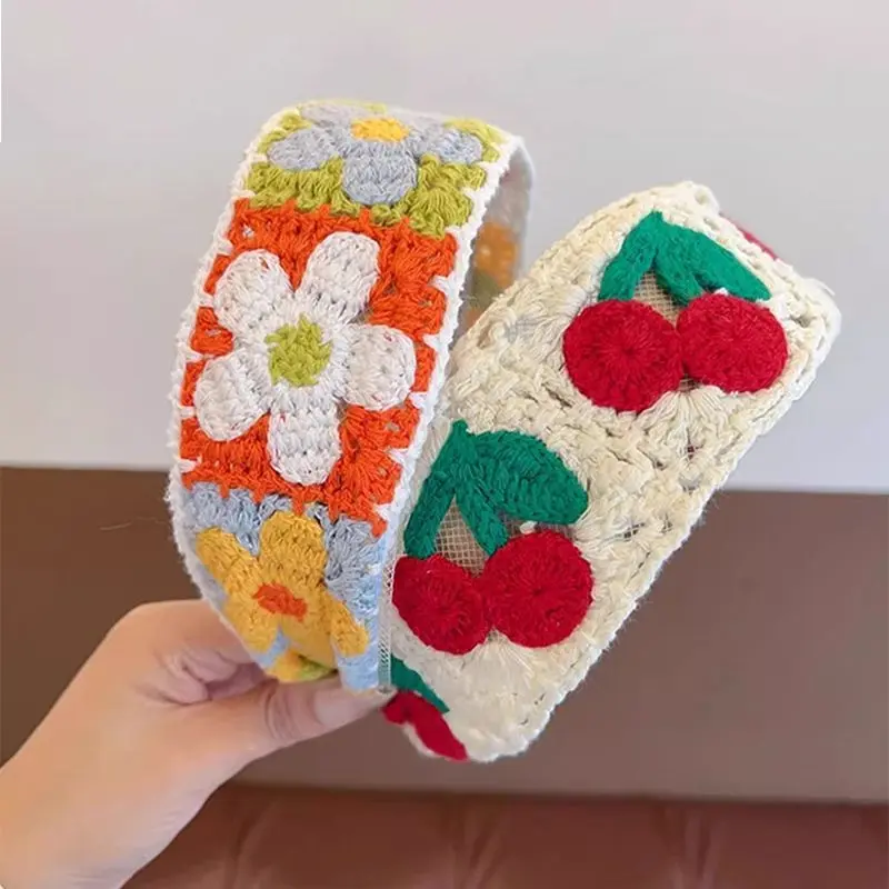 Boho Floral Hair Hoop for Girls Flower Embroidered Woolen Knitted Hair Bands Sweet Wide Hairband Kids Hair Accessories
