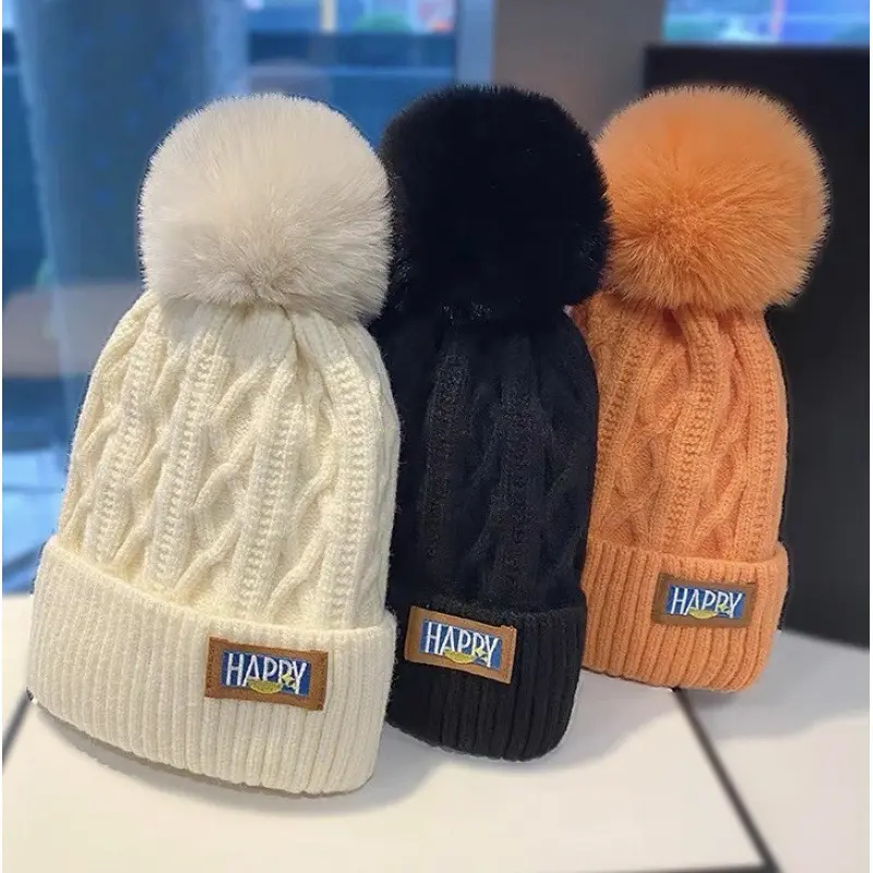 Plush Pompom Beanies for Women Winter Thickened Warm Knitted Hat Solid Color Hairball Woolen Crochet Hats