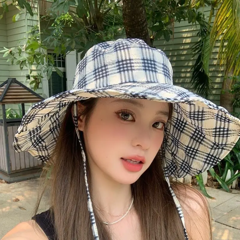Korean Plaid Bucket Hat for Women Summer Sunshade Fisherman Cap Outdoor Beach Large Brim Panama Sun Hats
