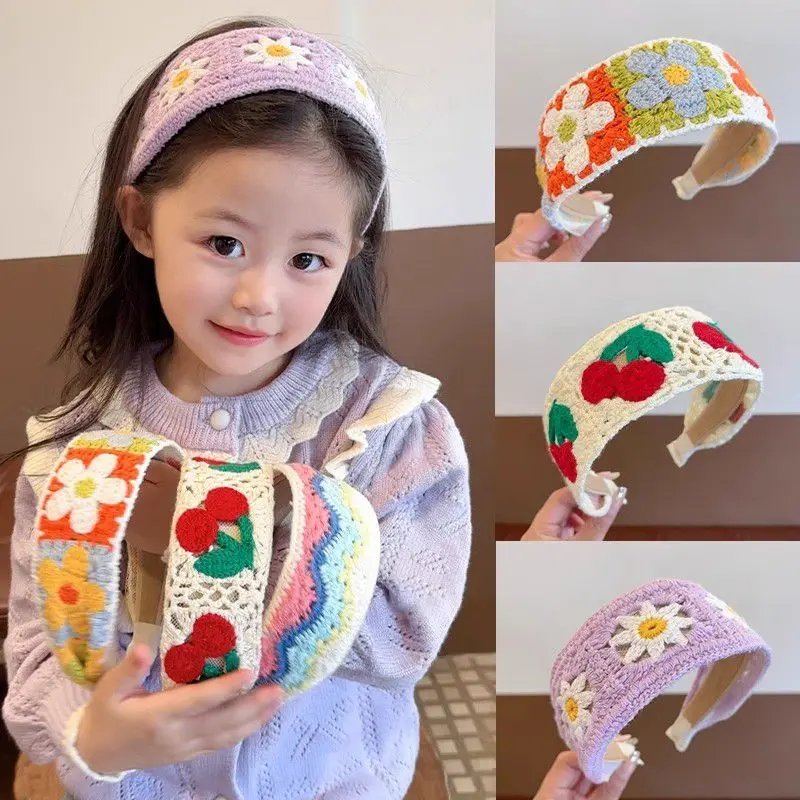 Boho Floral Hair Hoop for Girls Flower Embroidered Woolen Knitted Hair Bands Sweet Wide Hairband Kids Hair Accessories