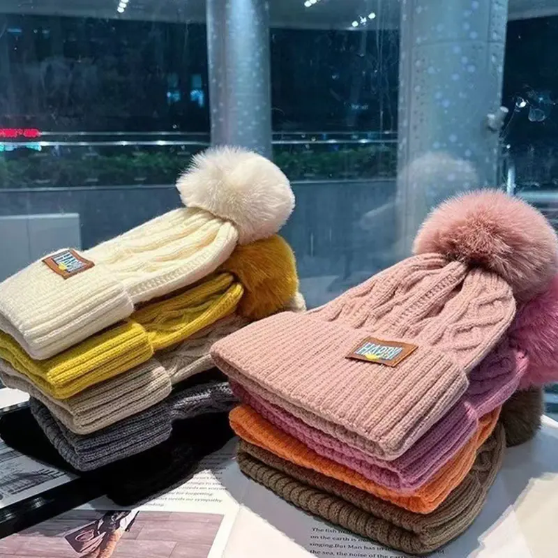 Plush Pompom Beanies for Women Winter Thickened Warm Knitted Hat Solid Color Hairball Woolen Crochet Hats