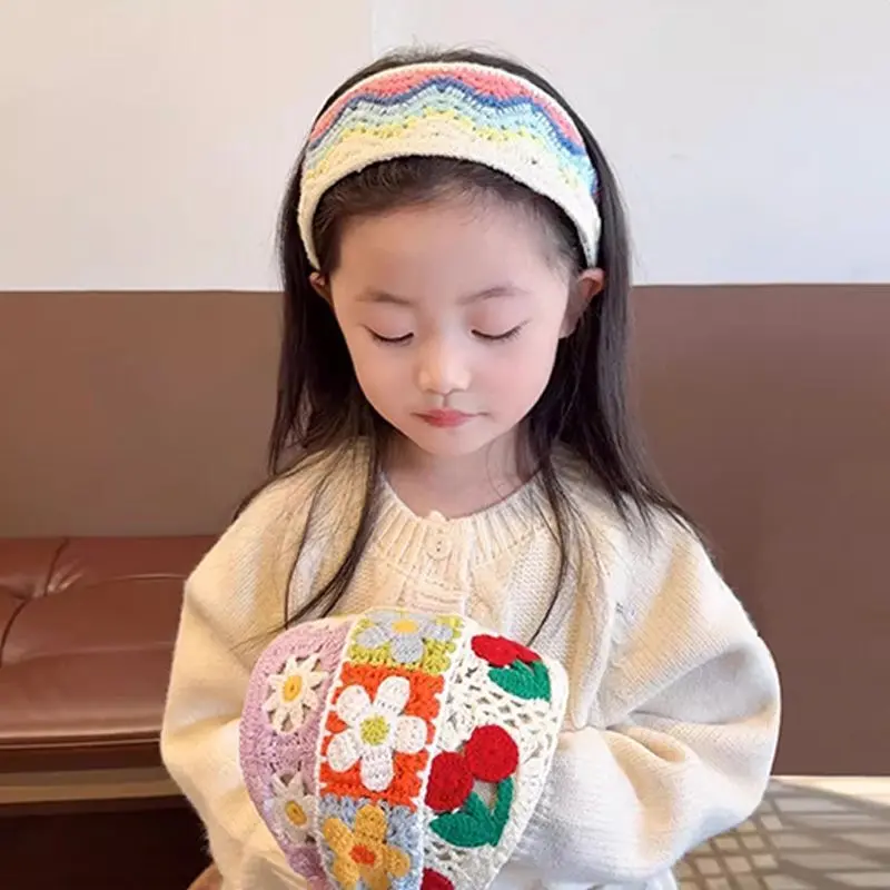 Boho Floral Hair Hoop for Girls Flower Embroidered Woolen Knitted Hair Bands Sweet Wide Hairband Kids Hair Accessories
