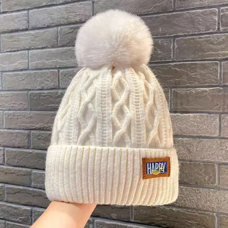 Plush Pompom Beanies for Women Winter Thickened Warm Knitted Hat Solid Color Hairball Woolen Crochet Hats