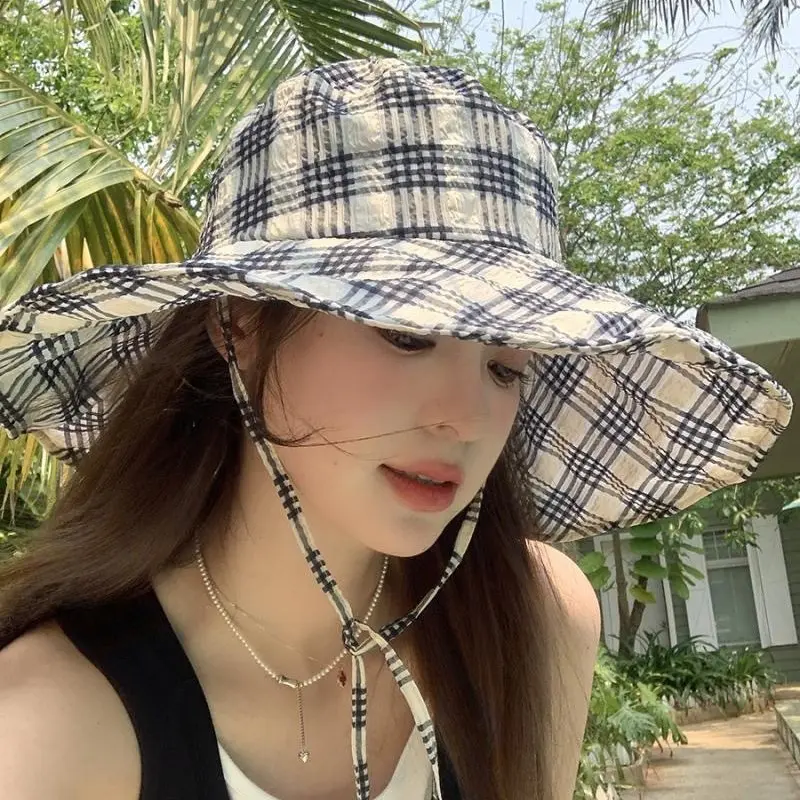 Korean Plaid Bucket Hat for Women Summer Sunshade Fisherman Cap Outdoor Beach Large Brim Panama Sun Hats