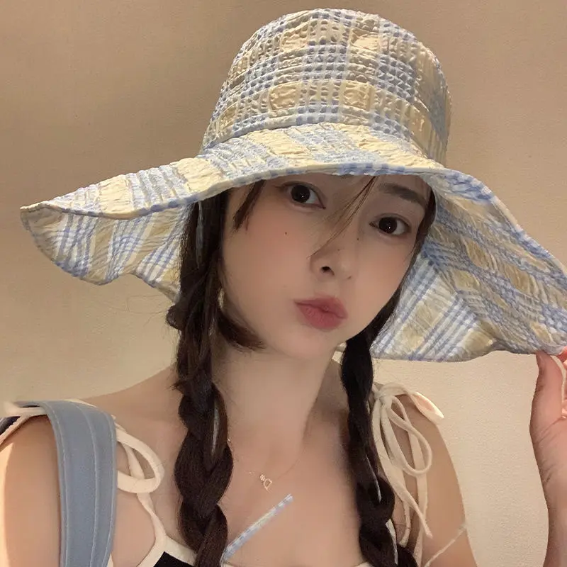 Korean Plaid Bucket Hat for Women Summer Sunshade Fisherman Cap Outdoor Beach Large Brim Panama Sun Hats