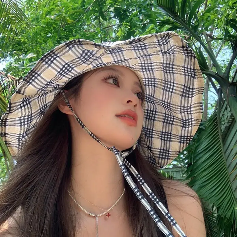 Korean Plaid Bucket Hat for Women Summer Sunshade Fisherman Cap Outdoor Beach Large Brim Panama Sun Hats