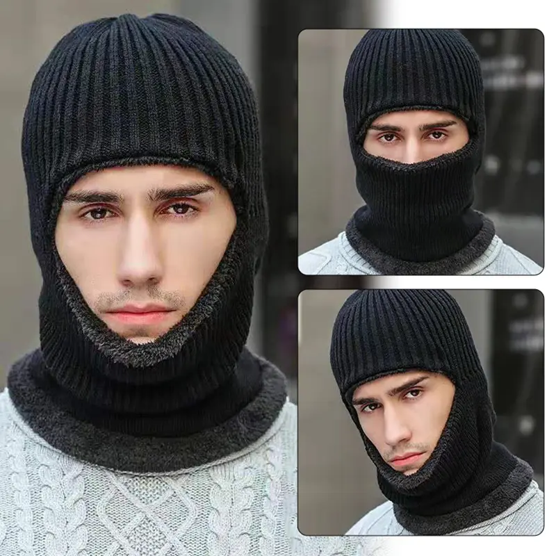Men Balaclava Winter Warm Knitted Wool Face Mask Outdoor Thermal Velet Lining Beanie Caps Male Riding Cycling Caps