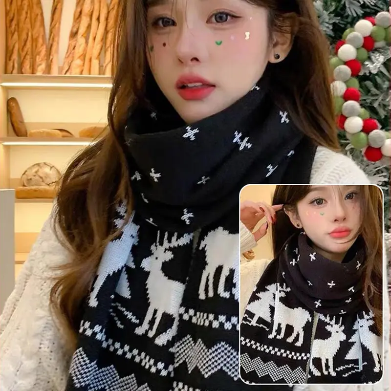 Christmas Scarf for Women Men Cute Deer Elk Knitted Scarves Winter Warm Woolen Shawl Girls Christmas Present