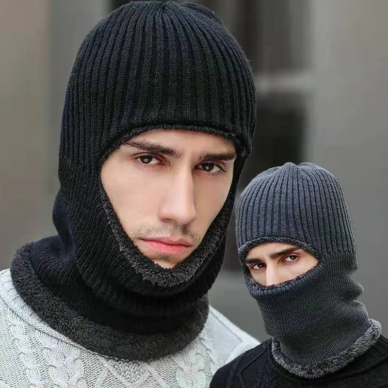 Men Balaclava Winter Warm Knitted Wool Face Mask Outdoor Thermal Velet Lining Beanie Caps Male Riding Cycling Caps