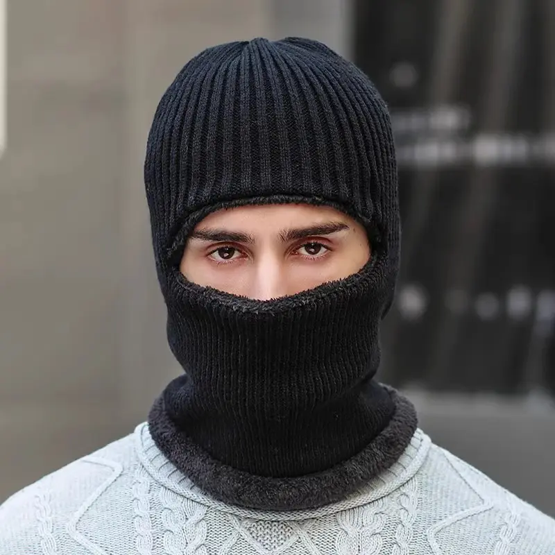 Men Balaclava Winter Warm Knitted Wool Face Mask Outdoor Thermal Velet Lining Beanie Caps Male Riding Cycling Caps