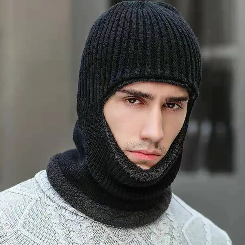 Men Balaclava Winter Warm Knitted Wool Face Mask Outdoor Thermal Velet Lining Beanie Caps Male Riding Cycling Caps