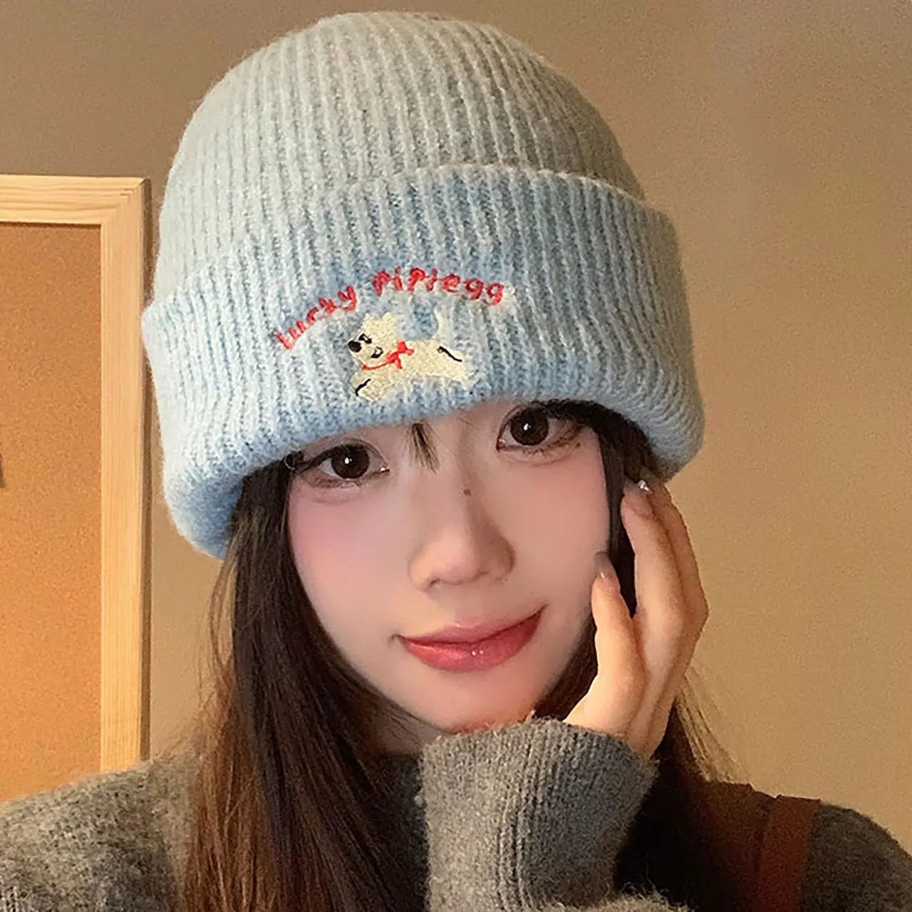 Cute Dog Embroidery Beanie Cap for Women Winter Warm Wool Knit Hat Korean Solid Color Female Girls Skullcap