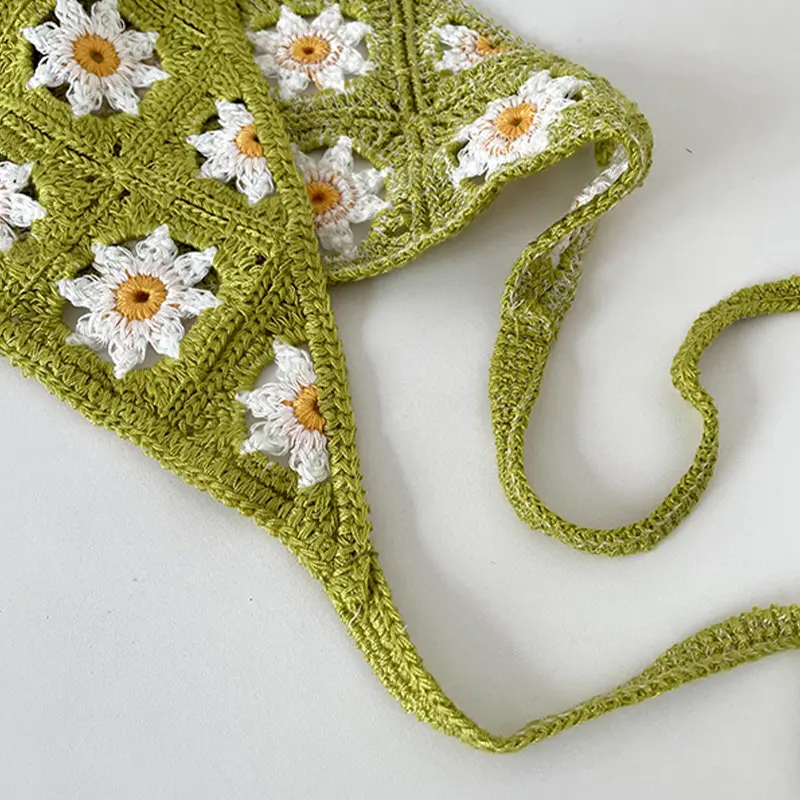 Korean Ins Knitted Triangular Hair Scarf Women Sweet Flower Headscarf Crochet Handmade Headwrap Hair Accessories
