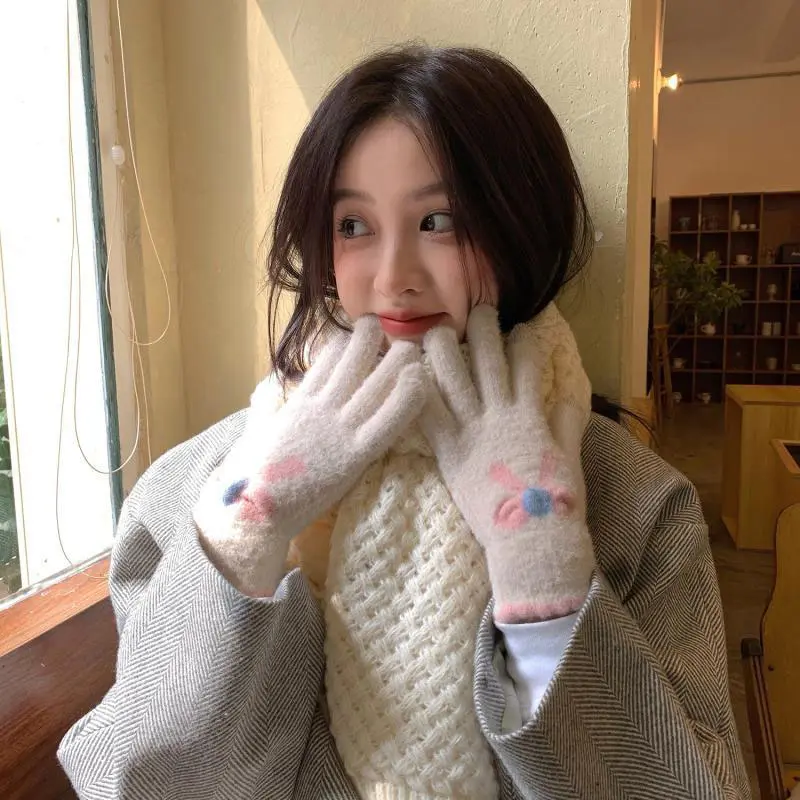 Cute Bow Gloves for Women Winter Thicken Warm Knitted Mittens Korean Solid Color Plush Cycling Full Finger Gloves Guantes
