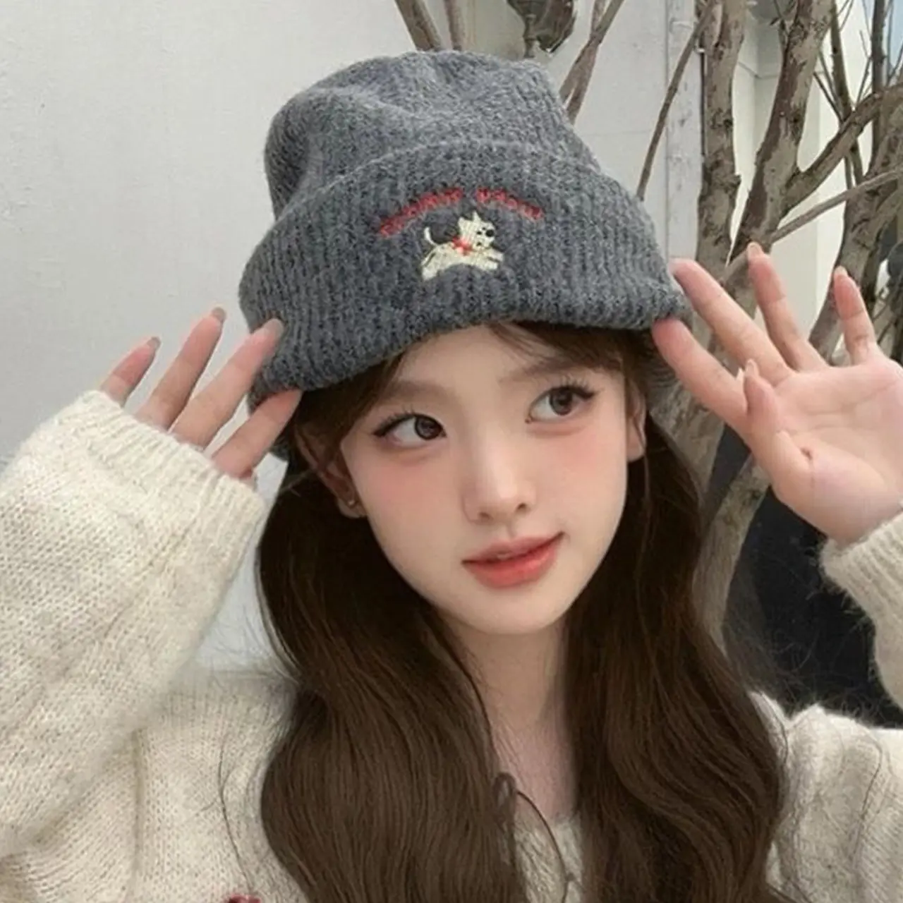 Cute Dog Embroidery Beanie Cap for Women Winter Warm Wool Knit Hat Korean Solid Color Female Girls Skullcap