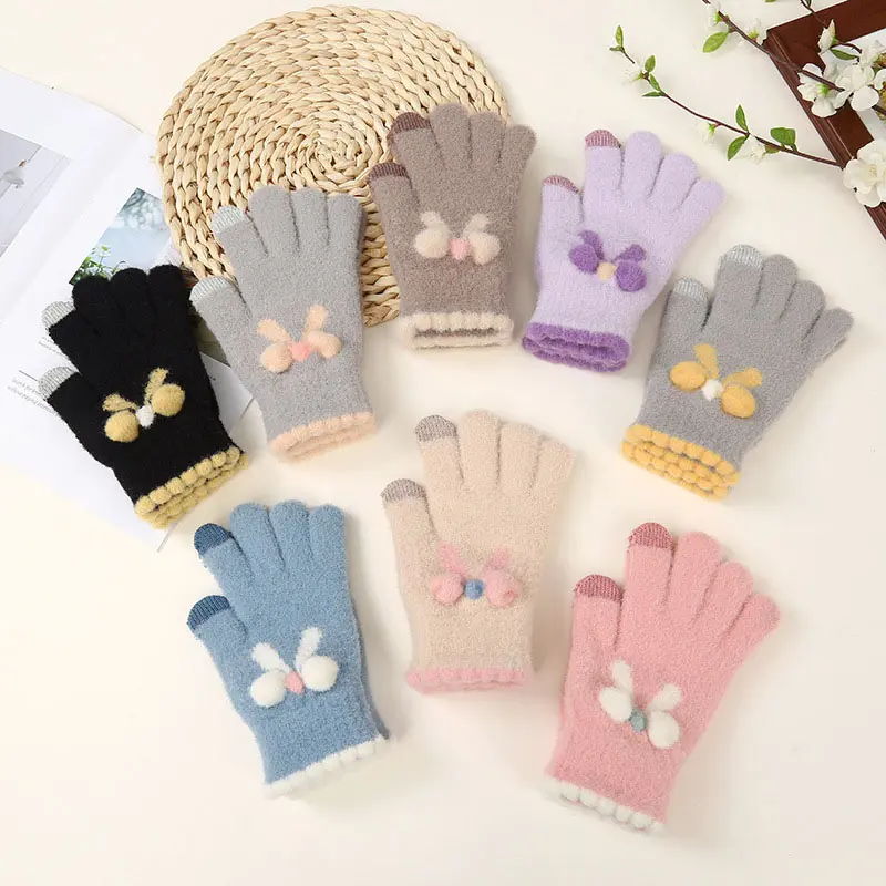 Cute Bow Gloves for Women Winter Thicken Warm Knitted Mittens Korean Solid Color Plush Cycling Full Finger Gloves Guantes