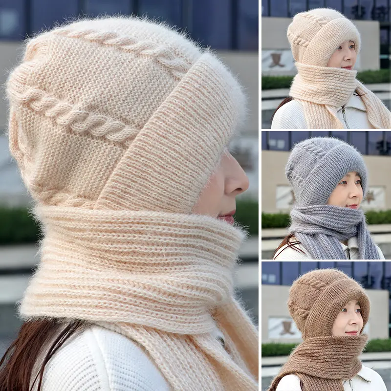 Winter Woolen Knit Hat Scarf for Women Solid Color Thicken Plush Hood Beanies Female Warm Crochet Ear Protection Caps Headgear