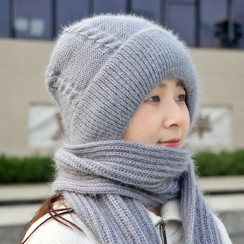 Winter Woolen Knit Hat Scarf for Women Solid Color Thicken Plush Hood Beanies Female Warm Crochet Ear Protection Caps Headgear