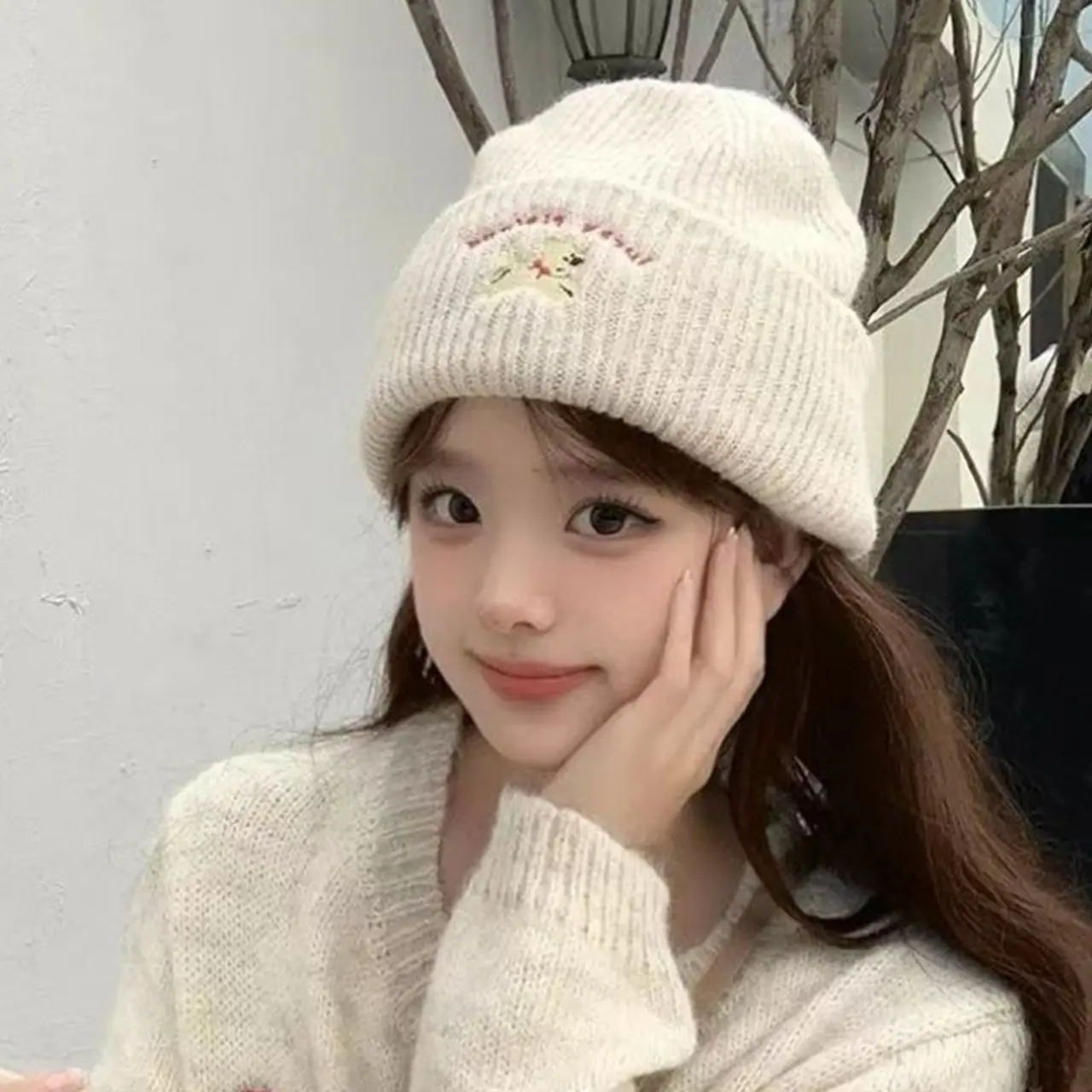 Cute Dog Embroidery Beanie Cap for Women Winter Warm Wool Knit Hat Korean Solid Color Female Girls Skullcap