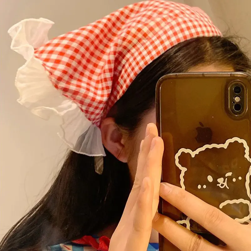 Korean Plaid Triangle Hair Scarf Women Double Sided Lace Headscarf Summer Sunscreen Girls Headwrap Headband Photo Props