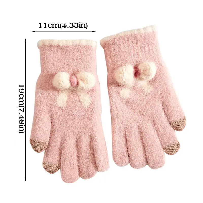 Cute Bow Gloves for Women Winter Thicken Warm Knitted Mittens Korean Solid Color Plush Cycling Full Finger Gloves Guantes