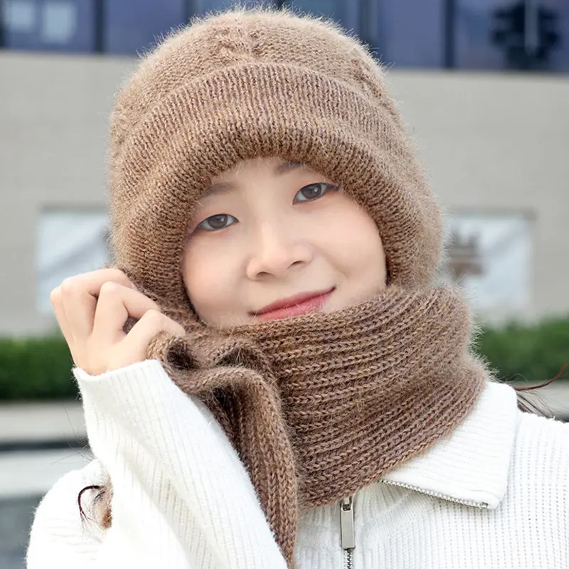 Winter Woolen Knit Hat Scarf for Women Solid Color Thicken Plush Hood Beanies Female Warm Crochet Ear Protection Caps Headgear