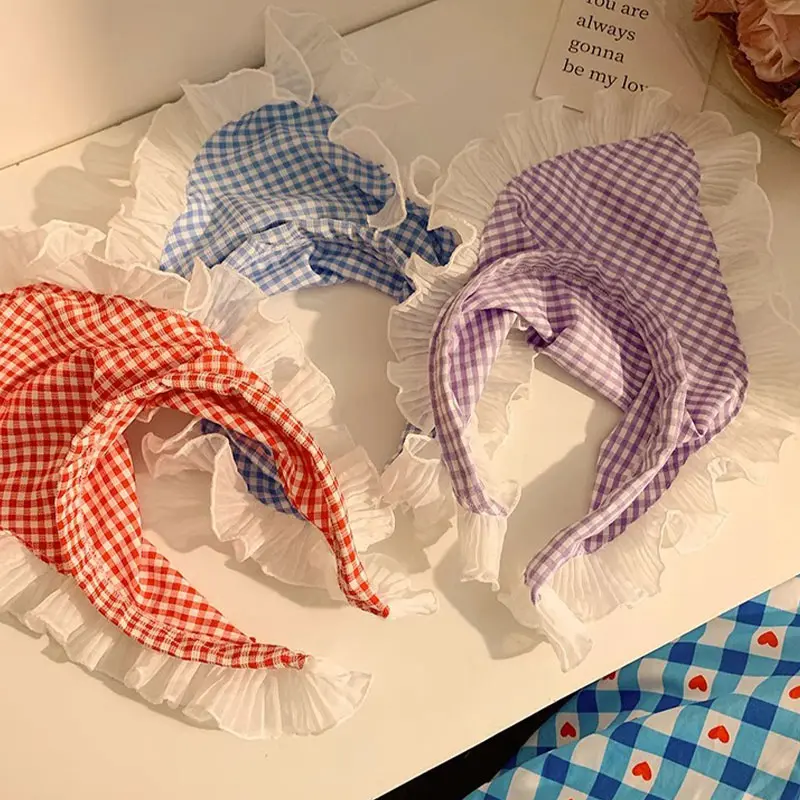 Korean Plaid Triangle Hair Scarf Women Double Sided Lace Headscarf Summer Sunscreen Girls Headwrap Headband Photo Props