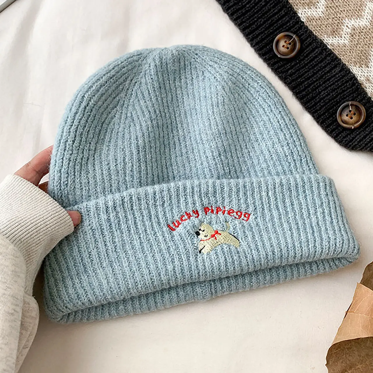 Cute Dog Embroidery Beanie Cap for Women Winter Warm Wool Knit Hat Korean Solid Color Female Girls Skullcap