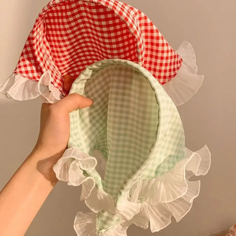 Korean Plaid Triangle Hair Scarf Women Double Sided Lace Headscarf Summer Sunscreen Girls Headwrap Headband Photo Props