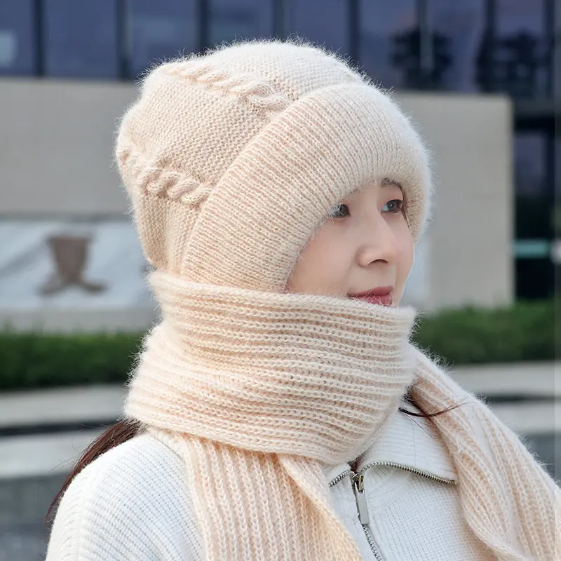 Winter Woolen Knit Hat Scarf for Women Solid Color Thicken Plush Hood Beanies Female Warm Crochet Ear Protection Caps Headgear