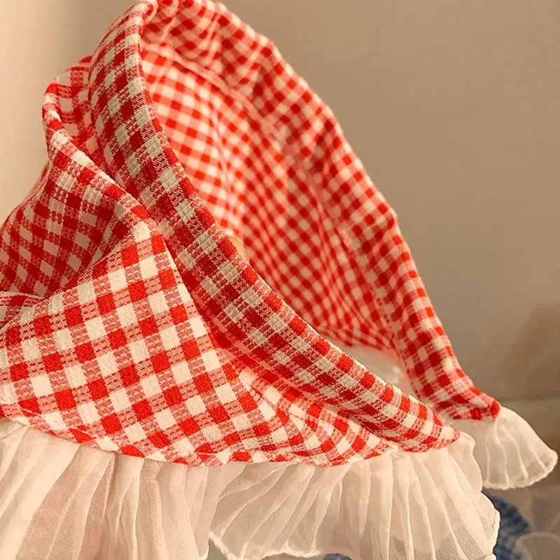 Korean Plaid Triangle Hair Scarf Women Double Sided Lace Headscarf Summer Sunscreen Girls Headwrap Headband Photo Props