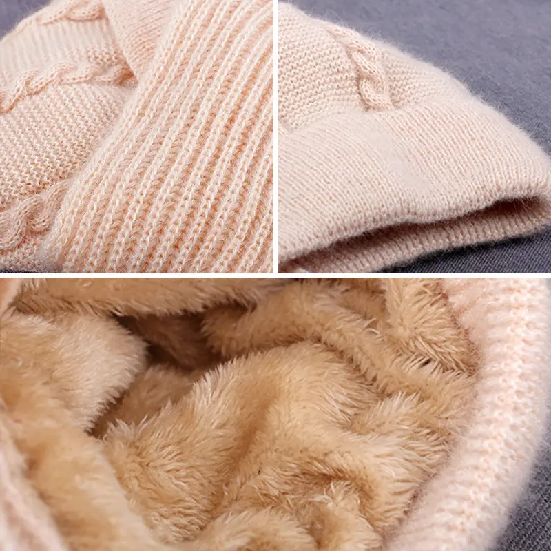 Winter Woolen Knit Hat Scarf for Women Solid Color Thicken Plush Hood Beanies Female Warm Crochet Ear Protection Caps Headgear