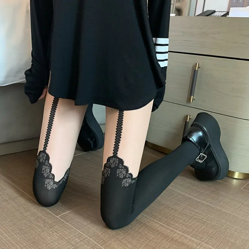 Sexy Lace Rose Thigh High Stockings for Women Lolita Flower Thin Tights Female Black Suspender Pantyhose Hosiery