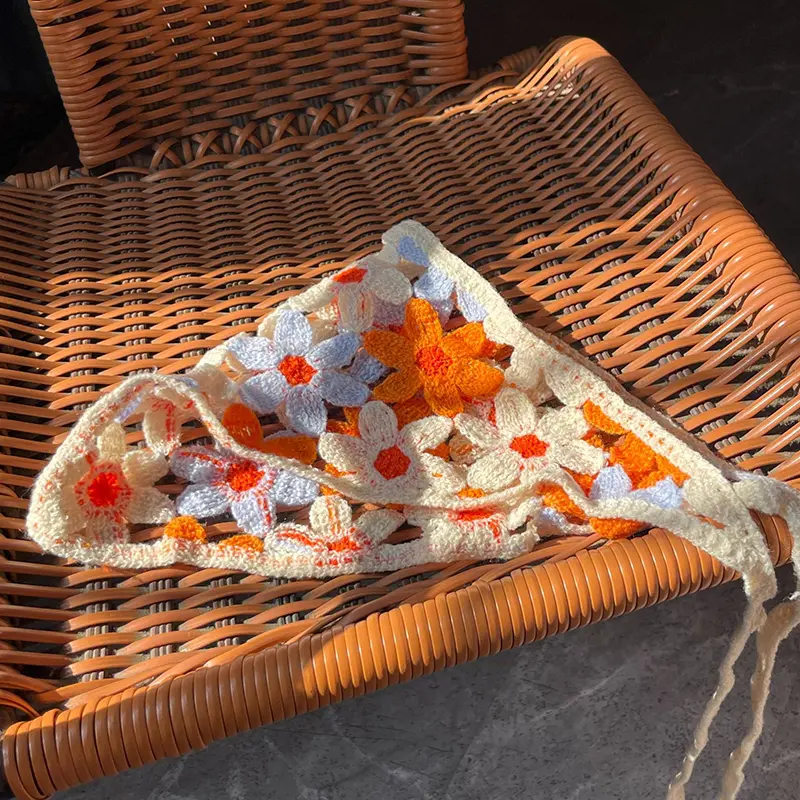 Handmade Crochet Hair Scarf for Women Colorful Flower Knitted Triangle Headscarf Vintage Female Bandana Headband