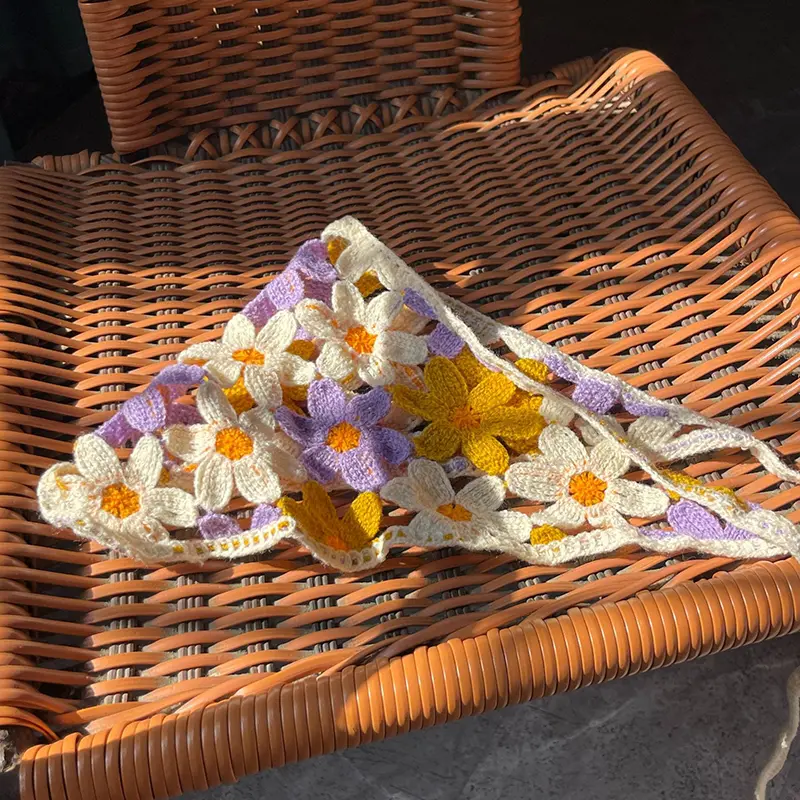 Handmade Crochet Hair Scarf for Women Colorful Flower Knitted Triangle Headscarf Vintage Female Bandana Headband