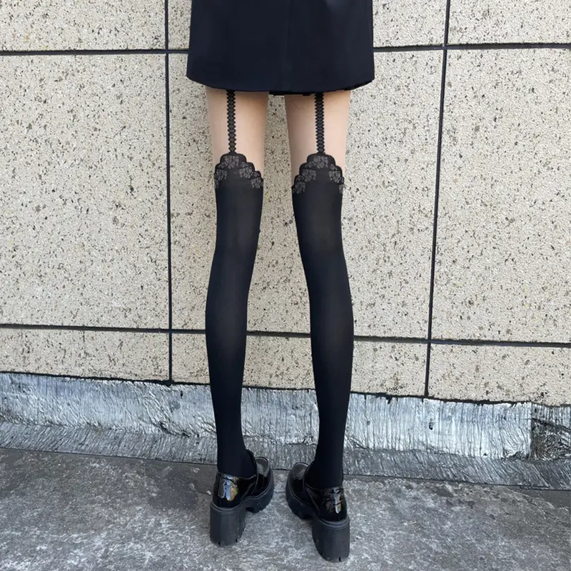 Sexy Lace Rose Thigh High Stockings for Women Lolita Flower Thin Tights Female Black Suspender Pantyhose Hosiery