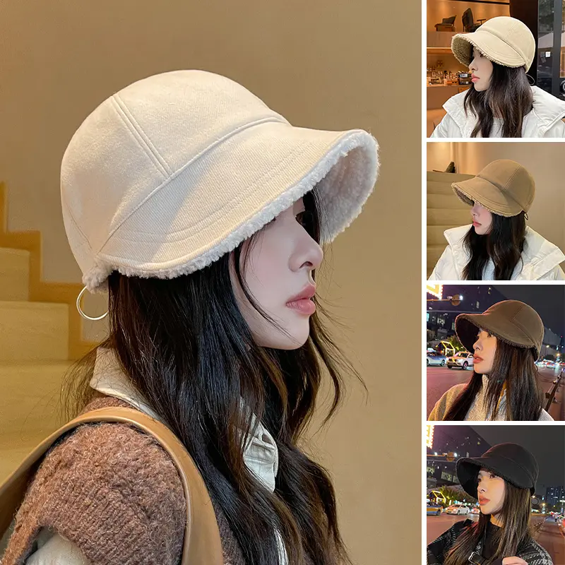 Korean Women Plush Bucket Hat Autumn Winter Warm Fisherman Cap for Ladies Girls Soild Color Adjustable Wide Brim Hats Bonnet