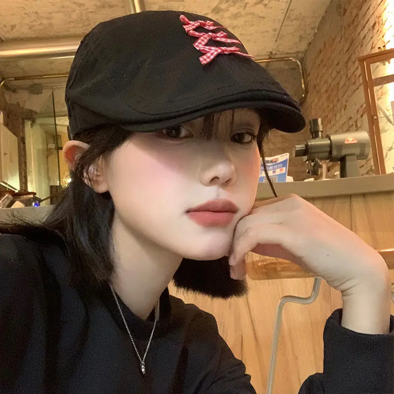 Y2K Bow Beret Hat for Women Spring Autumn Cotton Girls Painter Cap Korean Red Plaid Bowknot Newsboy Hats