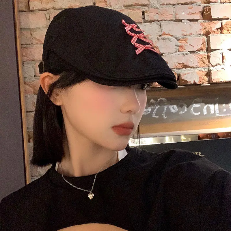 Y2K Bow Beret Hat for Women Spring Autumn Cotton Girls Painter Cap Korean Red Plaid Bowknot Newsboy Hats