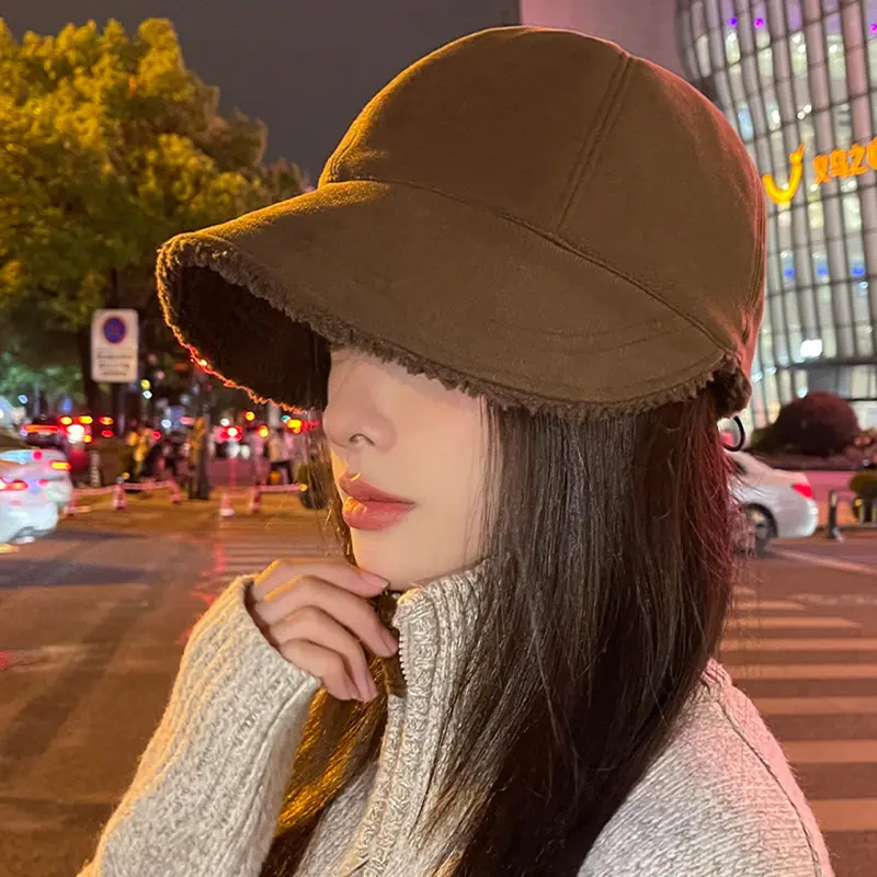 Korean Women Plush Bucket Hat Autumn Winter Warm Fisherman Cap for Ladies Girls Soild Color Adjustable Wide Brim Hats Bonnet