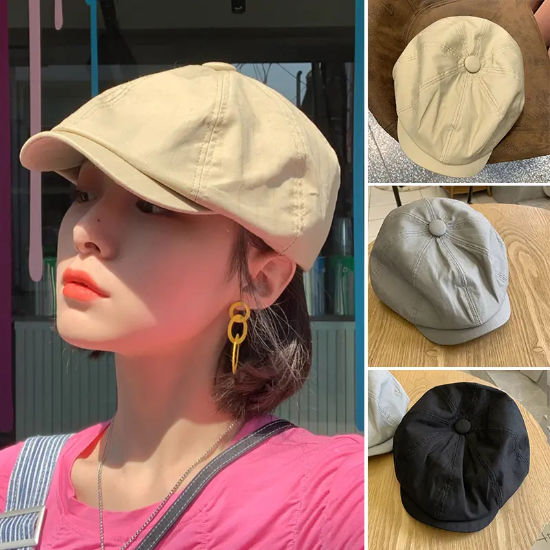Retro Beret Hat for Women Japanese Solid Color Newsboy Cap Spring Autumn Cotton Octagonal Caps Female Forward Hats