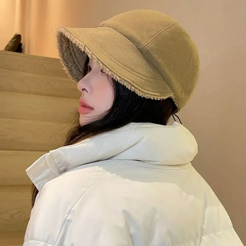 Korean Women Plush Bucket Hat Autumn Winter Warm Fisherman Cap for Ladies Girls Soild Color Adjustable Wide Brim Hats Bonnet