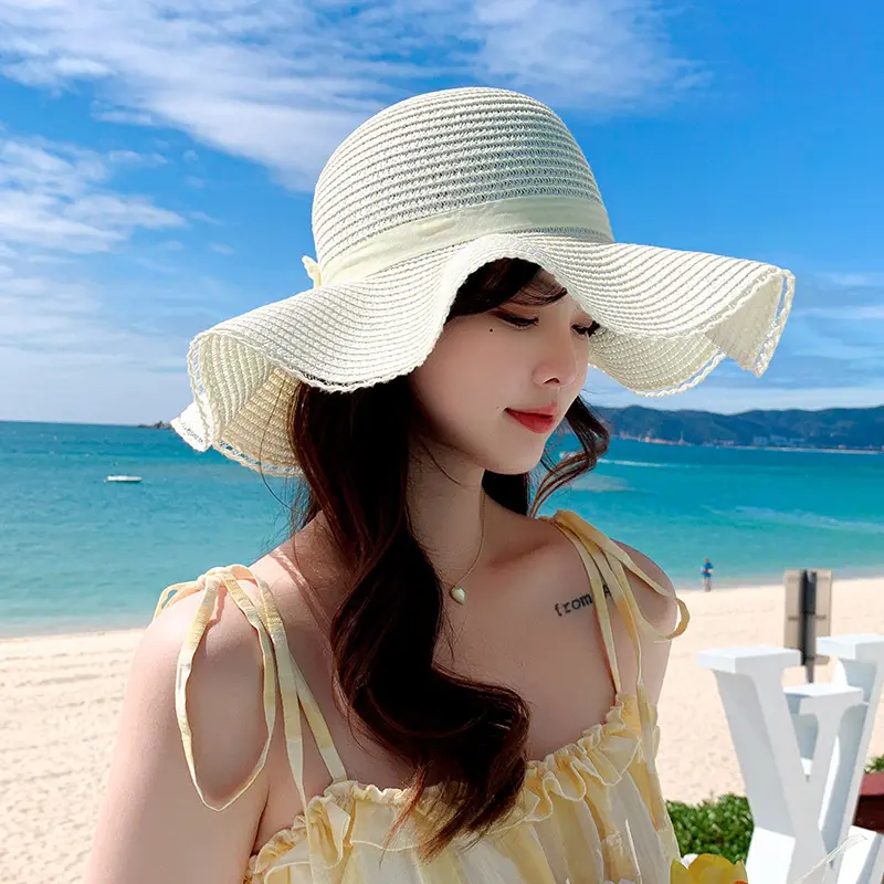 Big Bowknot Sun Straw Hat for Women Summer Wide-brim Panama Cap Outdoor Beach Travel Sunshade Female Bucket Hats Gorras